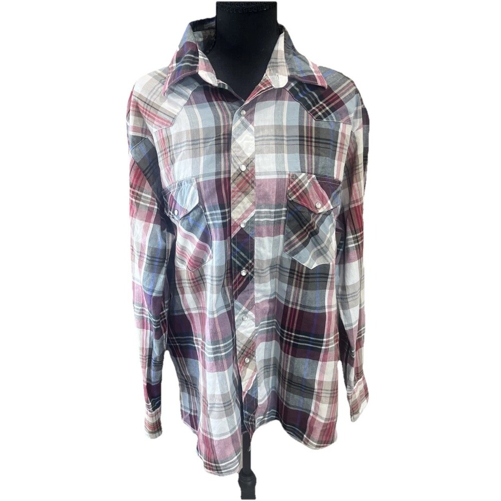 Wrangler Plaid Western Pearl Snap LONG SLEEVE BUTTON UP SHIRT Large Rodeo Ranch